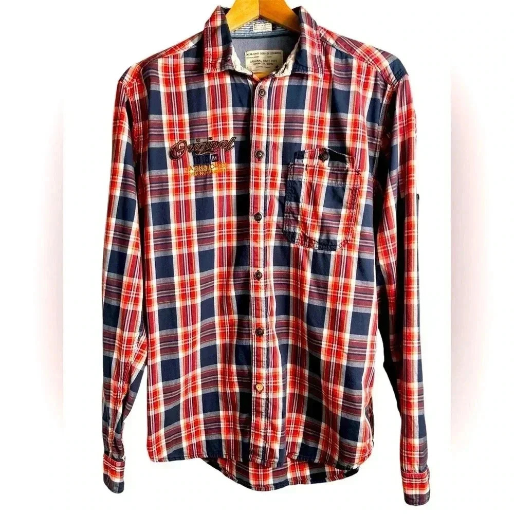 🚨Sale- Jack & Jones vintage-style plaid casual button-down shirt L cotton Wester - Picture 1 of 9